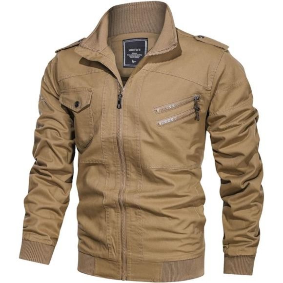 Men Military Jacket Cotton Utility Coat Cargo Bomber Stand Collar Multi-Pocket - Picture 3 of 6
